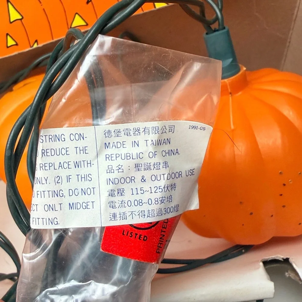 Vintage 1991 Party Fun Pumpkin Light Set Halloween String 10 Retro Blow Mold